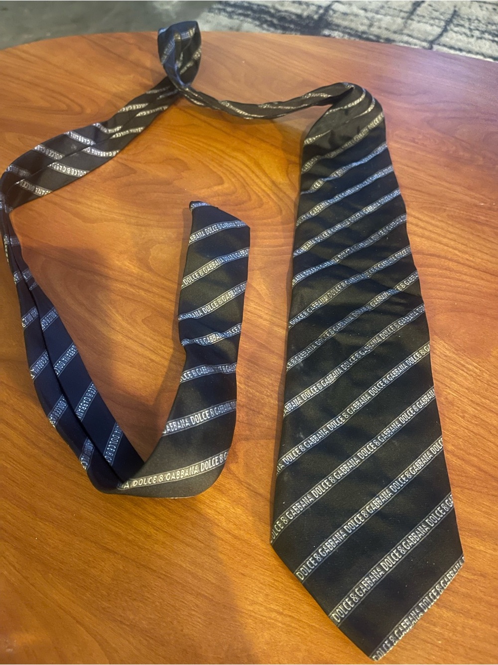 Dolce & Gabbana Black Striped Logo Silk Tie